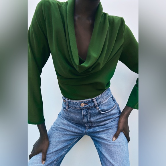 ZARA KELLY GREEN COWL FLOWY NECKLINE LONG SLEEVE BLOUSE - Picture 9 of 13